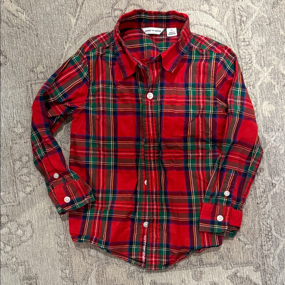 Janie and Jack Red and Green Holiday Plaid Button Down Shirt